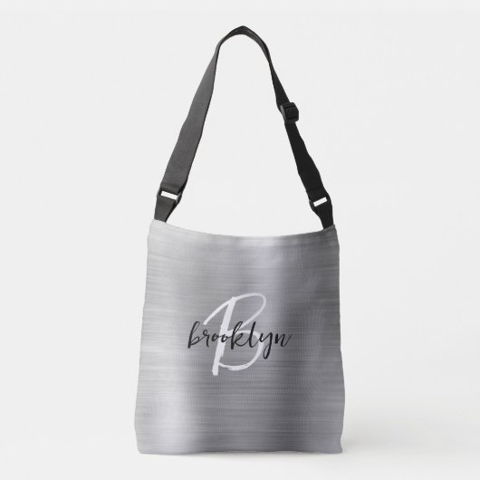 Silver Brushed Metal Zwart Wit Script Monogram Crossbody Tas (Voorkant)