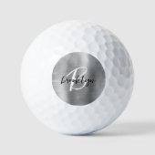 Silver Brushed Metal Zwart Wit Script Monogram Golfballen (Voorkant)