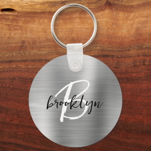 Silver Brushed Metal Zwart Wit Script Monogram Sleutelhanger (Achterkant)