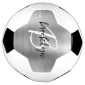 Silver Brushed Metal Zwart Wit Script Monogram Voetbal (Gedraaid)