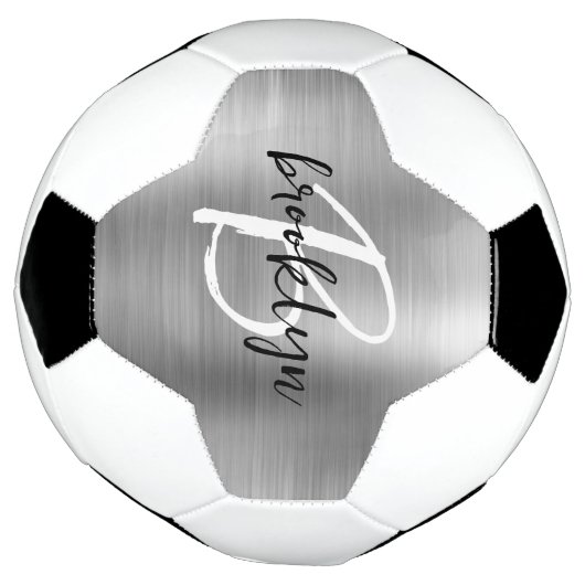Silver Brushed Metal Zwart Wit Script Monogram Voetbal (Gedraaid)