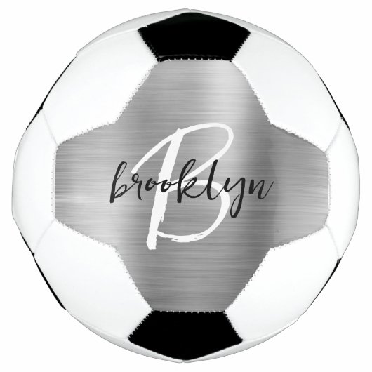 Silver Brushed Metal Zwart Wit Script Monogram Voetbal (Voorkant)