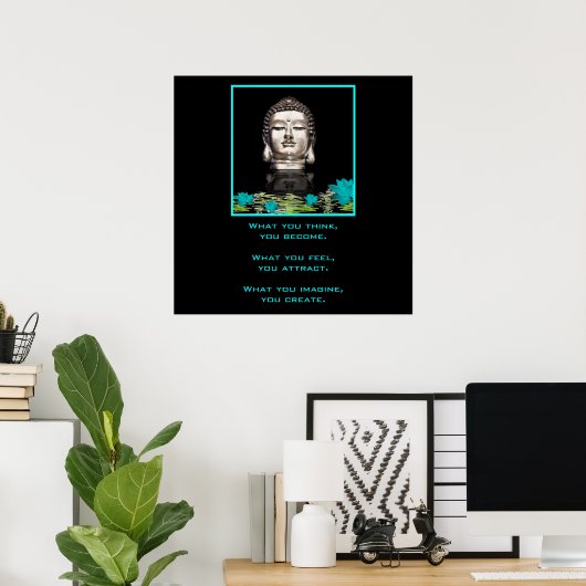 Silver Buddha Head-standbeeld met Inspirerend prij Poster (Thuiskantoor)