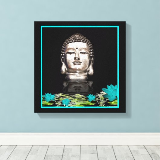 Silver Buddha Head Statue Canvas Afdruk (Insitu (Houten vloer))
