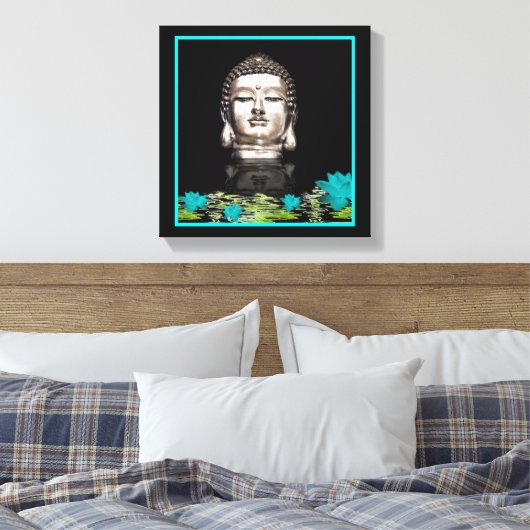 Silver Buddha Head Statue Canvas Afdruk (Insitu (Slaapkamer))
