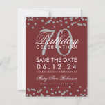 Silver Burgundy 70th Birthday Save Date Confetti Save The Date<br><div class="desc">Het elegante "70th Birthday Party"-ontwerp met Silver Faux Glitter Confetti Burgundy en aangepaste naam en tekst met details. Eenvoudig te gebruiken en eenvoudig aan te passen. Bestel vandaag nog!</div>