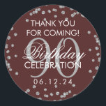 Silver Burgundy 90th Birthday Bedankt Glitter Ronde Sticker<br><div class="desc">Elegant 90e verjaardag "Dank u" Silver Faux Glitter Confetti Burgundy pleit voor sjabloon van tags.</div>