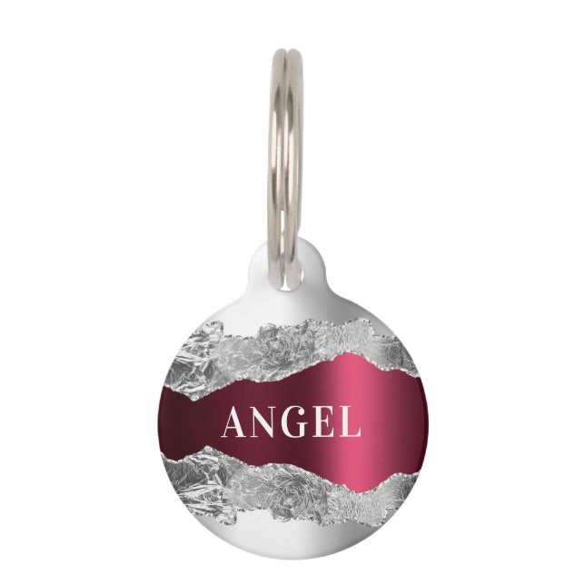 Silver burgundy agate marble name huisdierpenning (Voorkant)