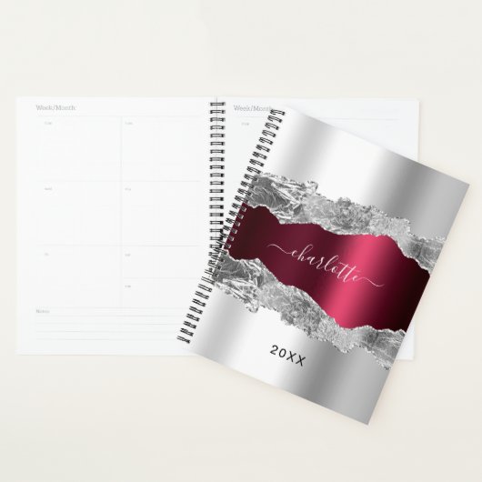 Silver burgundy agate marble name script 2023 planner (Display)