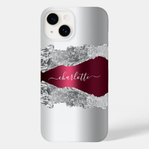 Silver burgundy agate marble name script Case-Mate iPhone 14 hoesje