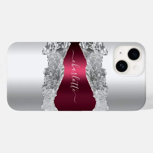 Silver burgundy agate marble name script Case-Mate iPhone case (Achterkant (horizontaal))