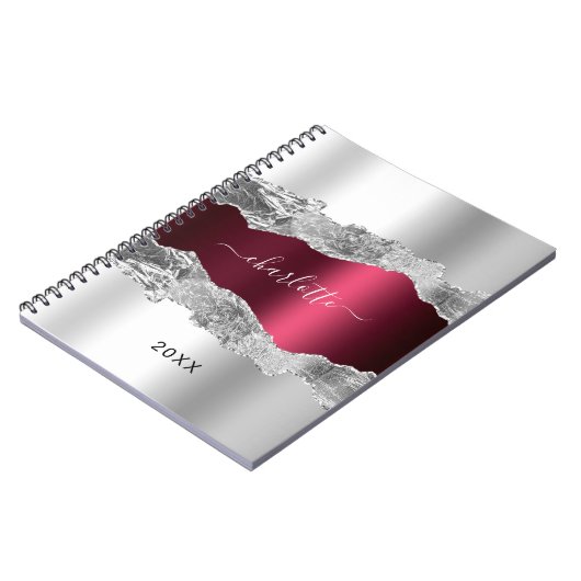Silver burgundy agate marble name script notitieboek (Linkerzijde)