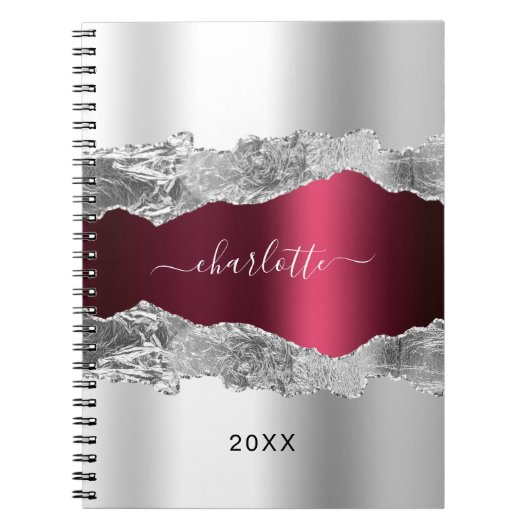 Silver burgundy agate marble name script notitieboek (Voorkant)
