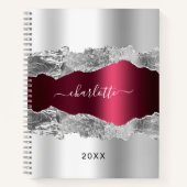 Silver burgundy agate marble name script notitieboek (Voorkant)