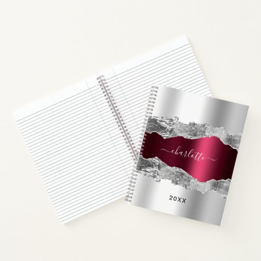 Silver burgundy agate marble name script notitieboek (Binnen)