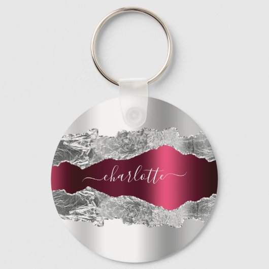 Silver burgundy agate marble name sleutelhanger (Voorkant)