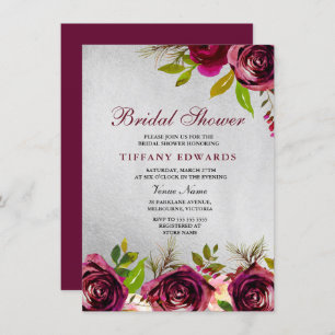 Silver Burgundy Floral Bridal Shower Kaart