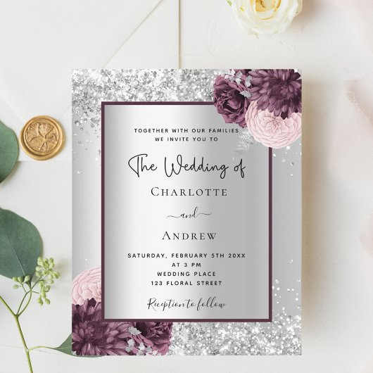 Silver burgundy floral bruiloft-uitnodiging
