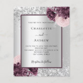 Silver burgundy floral budget huwelijksuitnodiging flyer (Voorkant)