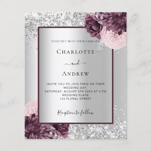 Silver burgundy floral budget huwelijksuitnodiging flyer (Voorkant)