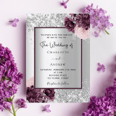 Silver burgundy floral elegant bruiloft kaart