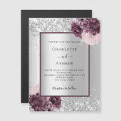 Silver burgundy floral elegant luxe bruiloft magnetische uitnodiging (Voorkant / Achterkant)