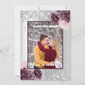 Silver burgundy florale foto Save the Date bruilof (Voorkant)