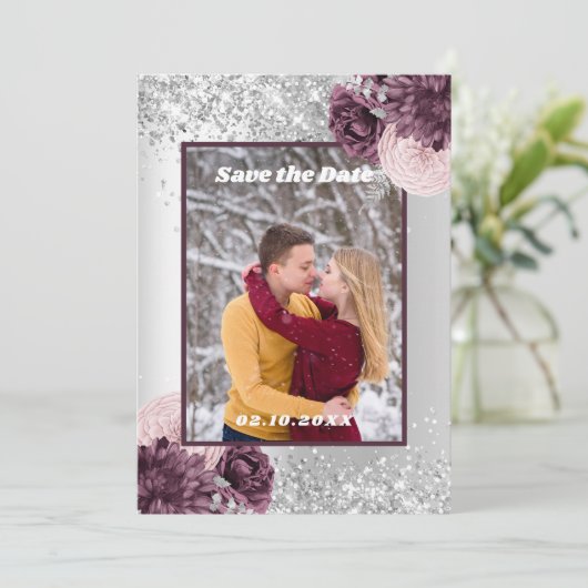 Silver burgundy florale foto Save the Date bruilof