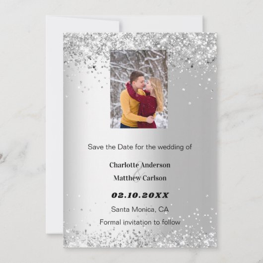 Silver burgundy florale foto Save the Date bruilof (Achterkant)