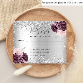 Silver burgundy florals budgettbruiloft RSVP-kaart Flyer