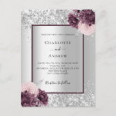 Silver burgundy florals elegant bruiloft uitnodiging briefkaart (Voorkant)