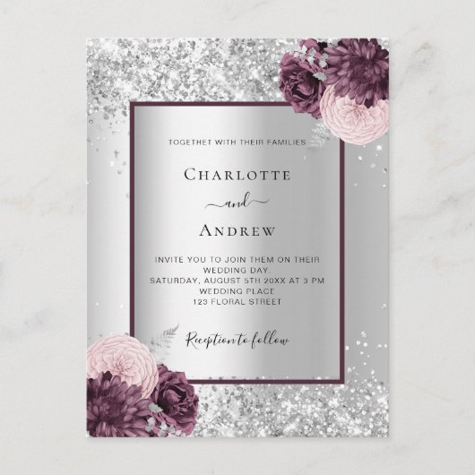 Silver burgundy florals elegant bruiloft uitnodiging briefkaart (Voorkant)