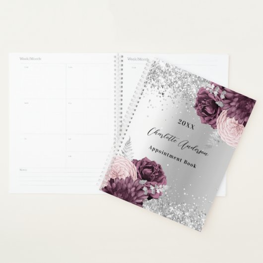 Silver burgundy florals elegant glamoureus 2023 planner (Display)