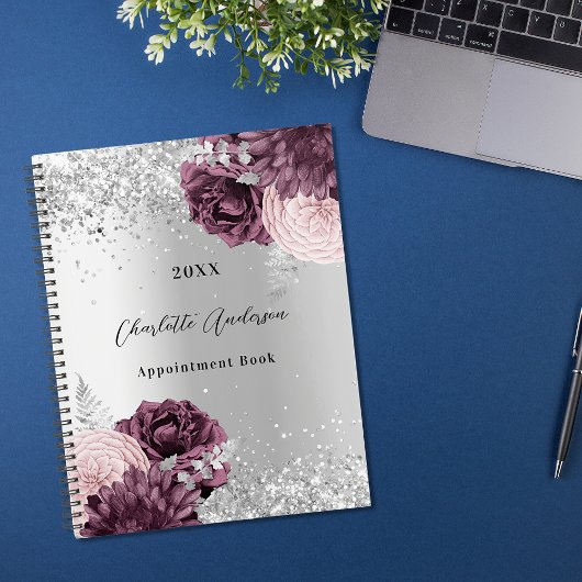 Silver burgundy florals elegant glamoureus 2023 planner
