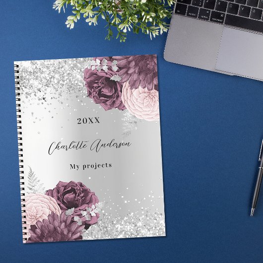 Silver burgundy florals elegant glamoureus notitieboek