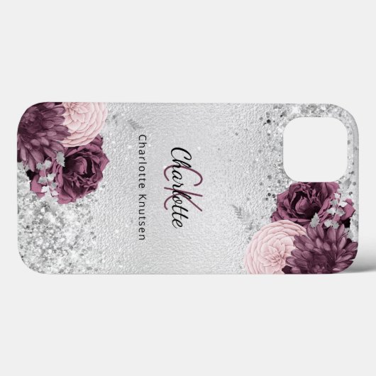 Silver burgundy florals elegant monogram Case-Mate iPhone case (Achterkant (horizontaal))