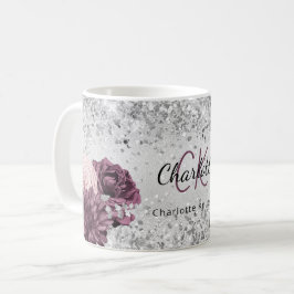 Silver burgundy florals elegant monogram koffiemok