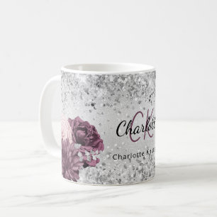 Silver burgundy florals elegant monogram koffiemok