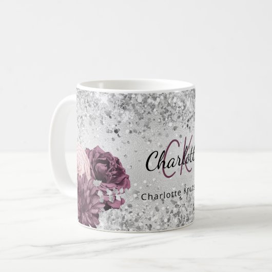 Silver burgundy florals elegant monogram koffiemok (Voorkant links)