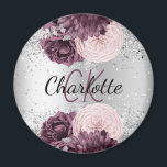Silver burgundy florals elegant monogram magneet<br><div class="desc">Een faux zilverachtige achtergrond,  versierd met bruine en roze bloemen. Pas uw monogram initialen aan en voeg uw voornaam toe</div>