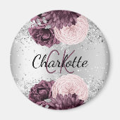 Silver burgundy florals elegant monogram magneet (Voorkant)