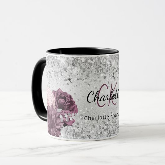 Silver burgundy florals elegant monogram mok (Voorkant links)