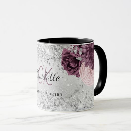 Silver burgundy florals elegant monogram mok (Voorkant rechts)