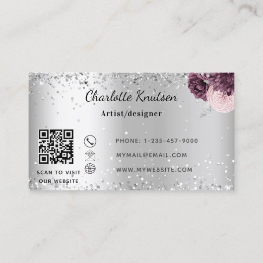 Silver burgundy florals elegant monogram QR-code Visitekaartje (Achterkant)
