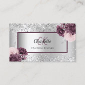Silver burgundy florals elegant monogram QR-code Visitekaartje (Voorkant)