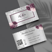 Silver burgundy florals elegant monogram QR-code Visitekaartje