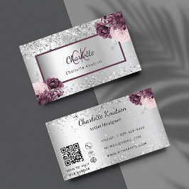 Silver burgundy florals elegant monogram QR-code Visitekaartje
