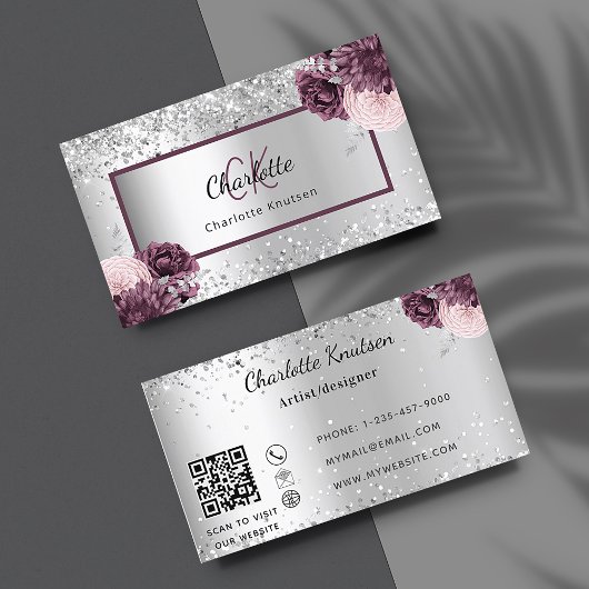 Silver burgundy florals elegant monogram QR-code Visitekaartje
