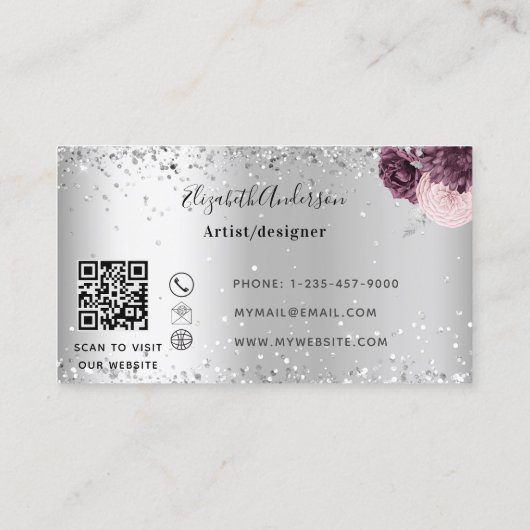 Silver burgundy florals elegant QR-code Visitekaartje (Achterkant)