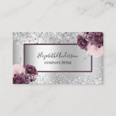 Silver burgundy florals elegant QR-code Visitekaartje (Voorkant)